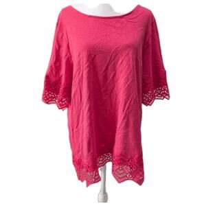 Chico's Top Women's Size 3 XL Pink Embroidered Eyelet Shirt Cottagecore Tunic